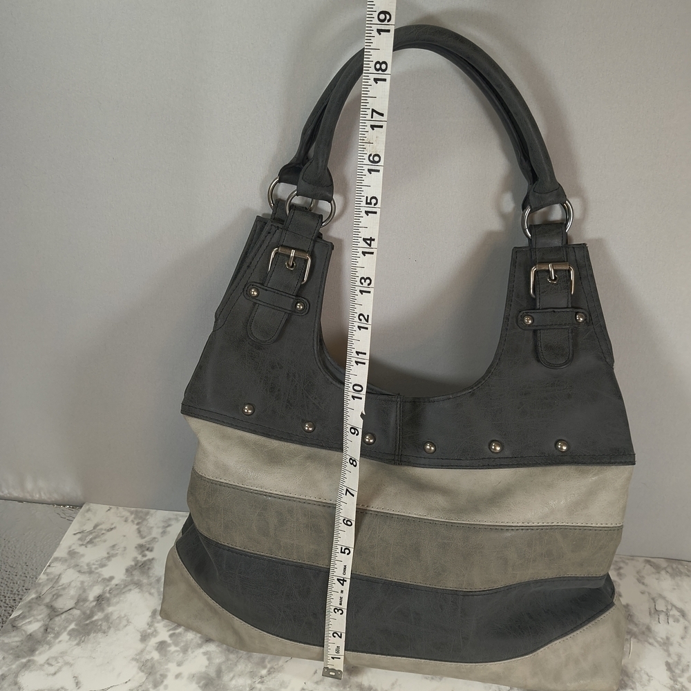 Striped Gray Vinyl Silver Stud Accents Shoulder Bag - Picture 2 of 11